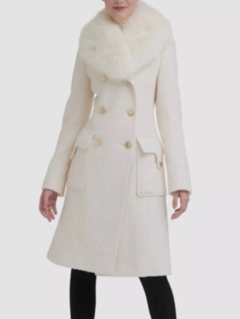 NWT! $450 MRP! Sz M GUESS Ivory Faux-Fur Collar Double-Breasted Walker Coat